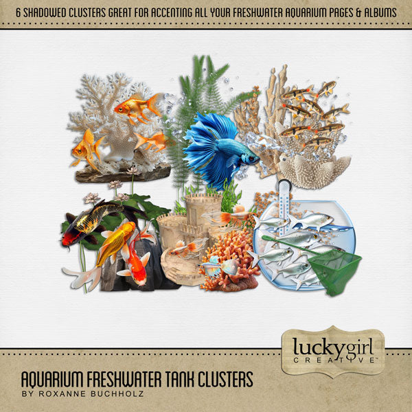 Filled with realistic freshwater aquarium flora and fauna, this digital scrapbooking clusters kit by Lucky Girl Creative digital art will add a splash of wonder to your aquarium and fish tank pages.