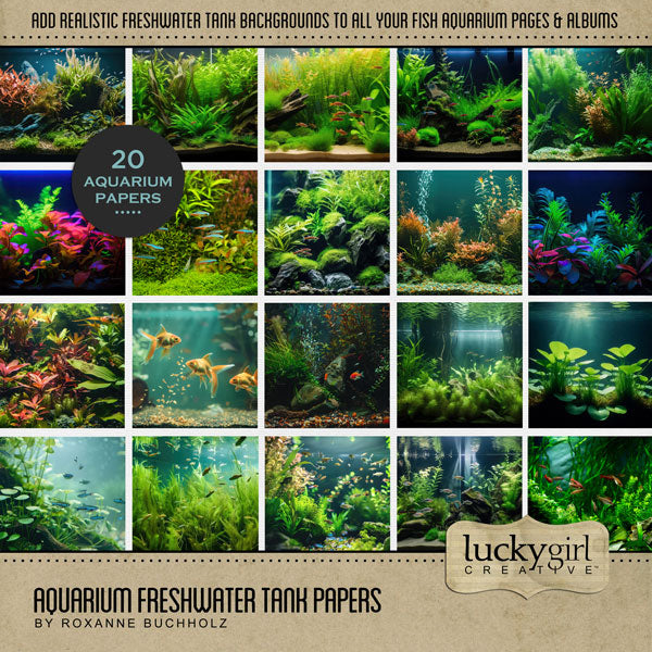 Filled with realistic freshwater aquarium flora and fauna, this digital scrapbooking background paper pack by Lucky Girl Creative digital art will add a splash of wonder to your aquarium and fish pages.