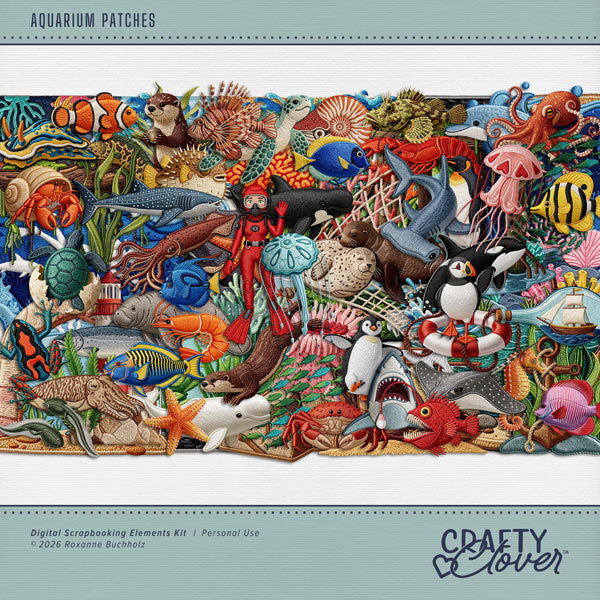 Dive into a sea of creativity with these adorable aquarium embroidered patches by Crafty Clover digital art that will help your digital scrapbooking pages make a big splash! Explore a colorful underwater world with the Aquarium Patches Kit, featuring adorable ocean-inspired elements designed to look like beautifully embroidered patches! From playful tropical fish and graceful seahorses to curious sea turtles, jellyfish, whales, coral, and exhibit decor.
