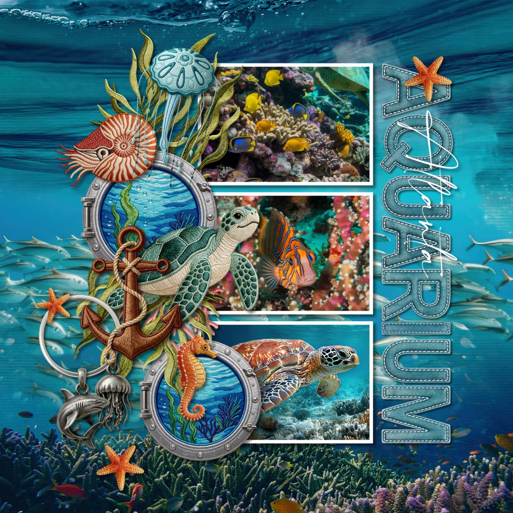 Dive into a sea of creativity with these adorable aquarium embroidered patches by Crafty Clover digital art that will help your digital scrapbooking pages make a big splash! Explore a colorful underwater world with the Aquarium Patches Kit, featuring adorable ocean-inspired elements designed to look like beautifully embroidered patches! From playful tropical fish and graceful seahorses to curious sea turtles, jellyfish, whales, coral, and exhibit decor.