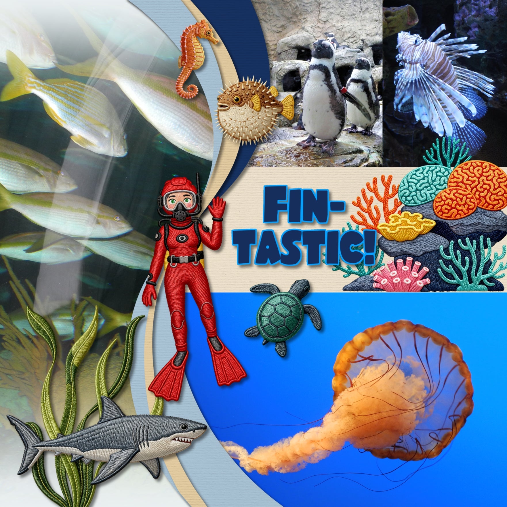 Dive into a sea of creativity with these adorable aquarium embroidered patches by Crafty Clover digital art that will help your digital scrapbooking pages make a big splash! Explore a colorful underwater world with the Aquarium Patches Kit, featuring adorable ocean-inspired elements designed to look like beautifully embroidered patches! From playful tropical fish and graceful seahorses to curious sea turtles, jellyfish, whales, coral, and exhibit decor.