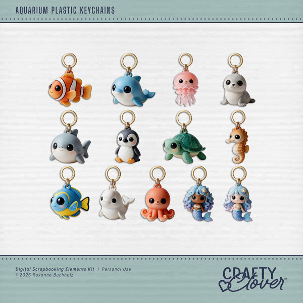 Make a splash with these adorable aquarium souvenir plastic keychains by Crafty Clover digital art for digital scrapbooking! Inspired by those adorable, colorful plastic souvenir keychains you find in aquarium gift shops, this collection brings a splash of nostalgic vacation fun to your scrapbook pages! From playful dolphins and smiling sharks to sea turtles, jellyfish, seahorses, mermaids, and other ocean favorites, each embellishment has that charming, shiny molded-plastic souvenir look.