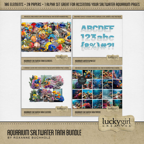 Filled with realistic saltwater aquarium flora and fauna, this digital scrapbooking bundle by Lucky Girl Creative digital art will add a splash of wonder to your aquarium and tropical fish pages. Great for home fish tanks, visiting ocean aquatic centers and landmark aquariums, or exploring the underwater reefs with your snorkel and scuba gear. Can also be used for vacations to the Great Barrier Reef, Caribbean Sea, and cruise ship excursions. 
