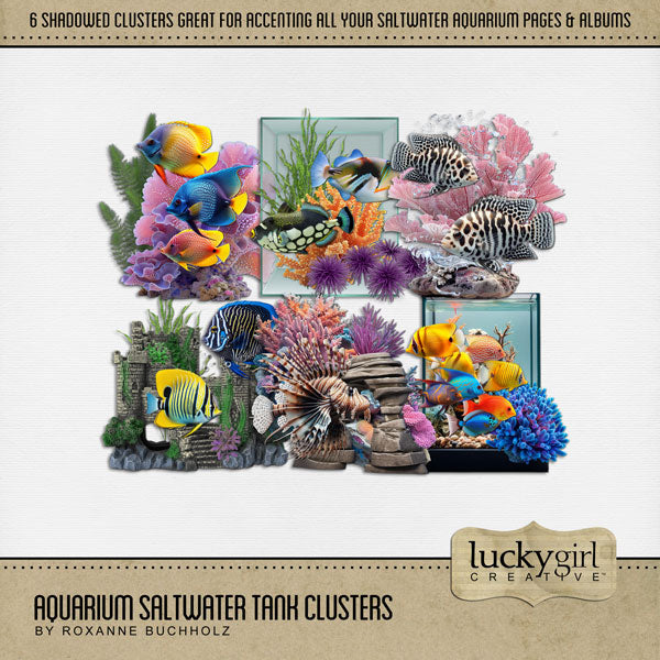 Filled with realistic saltwater aquarium flora and fauna, this digital scrapbooking clusters kit by Lucky Girl Creative digital art will add a splash of wonder to your aquarium and tropical fish pages. Great for aquarium, beach, ocean, snorkeling, and scuba diving pages.