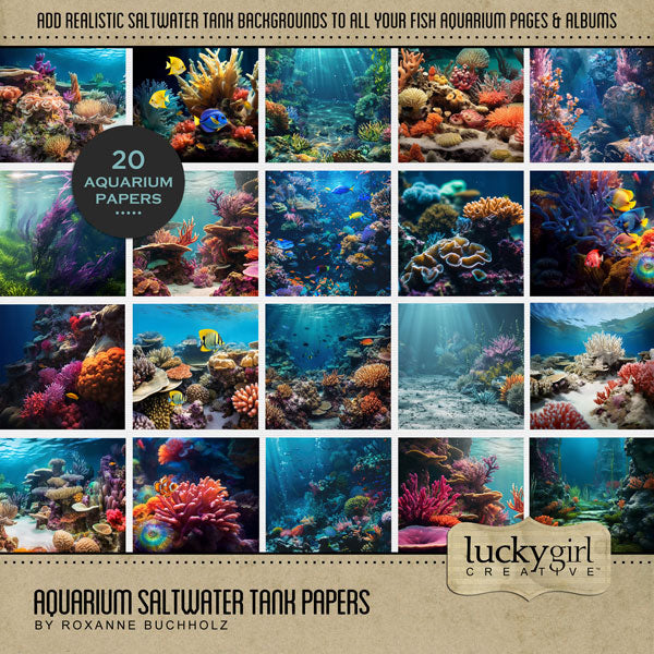 Filled with realistic saltwater aquarium flora and fauna, this digital scrapbooking background paper pack by Lucky Girl Creative digital art will add a splash of wonder to your aquarium and tropical fish pages. Great for aquarium, beach, ocean, snorkeling, and scuba diving pages.