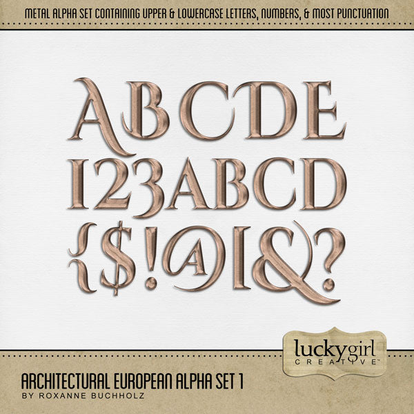 Get ready to travel across Europe with these metal alphabet letters, numbers, and punctuation by Lucky Girl Creative digital art for digital scrapbooking. Great for adding special page titles to your vacation and holiday pages as well as other historic sites throughout the world plus family history and historic genealogy pages, too. The Architectural European Alpha Set 1 consists of a full set of digital art uppercase alphabet letters A-Z, lowercase alphabet letters a-z, numbers 0-9, 