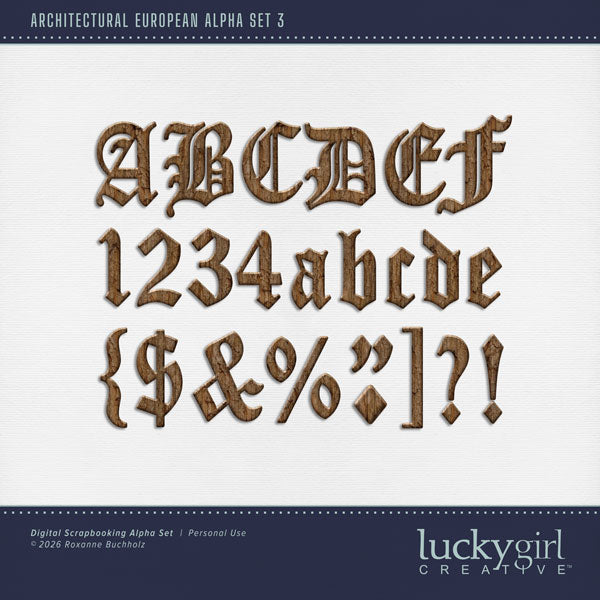 Get ready to travel across Europe with these wood alphabet letters, numbers, and punctuation by Lucky Girl Creative digital art for digital scrapbooking. Great for adding special page titles to your vacation and holiday pages as well as other historic sites throughout the world plus family history and historic genealogy pages, too. The Architectural European Alpha Set 3 consists of a full set of digital art uppercase alphabet letters A-Z, lowercase alphabet letters a-z, numbers 0-9, and most punctuation.