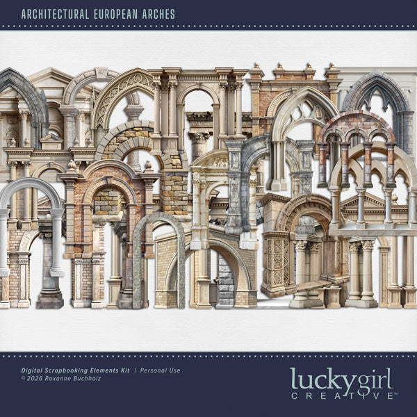 Get ready to travel across Europe with these realistic stone arch embellishments by Lucky Girl Creative digital art for digital scrapbooking. Great for adding special touches to your vacation and holiday pages as well as other historic sites throughout the world plus family history and historic genealogy pages, too. This kit is included in the Architectural European Details Bundle 2.