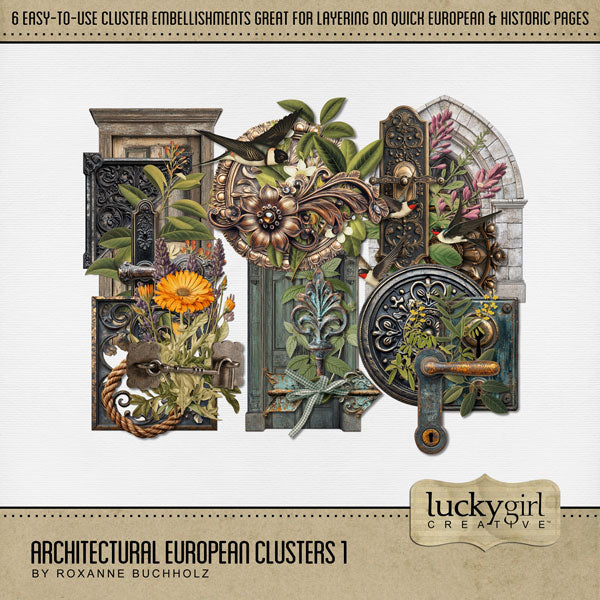 Get ready to travel across Europe with these vintage, realistic easy-to-use cluster embellishments by Lucky Girl Creative digital art for digital scrapbooking. Great for adding special touches to your vacation and holiday pages as well as other historic sites throughout the world plus family history and historic genealogy pages, too. This kit is included in the Architectural European Bundle 1.