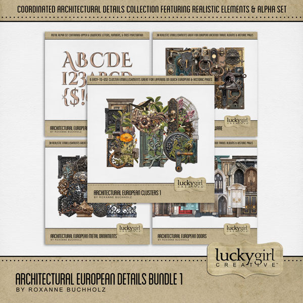 Get ready to travel across Europe with these realistic, vintage embellishments and alpha set by Lucky Girl Creative digital art for digital scrapbooking. Great for adding special touches to your vacation and holiday pages as well as other historic sites throughout the world plus family history and historic genealogy pages, too. Embellishments include metal ornaments, doors, door hardware, and more!