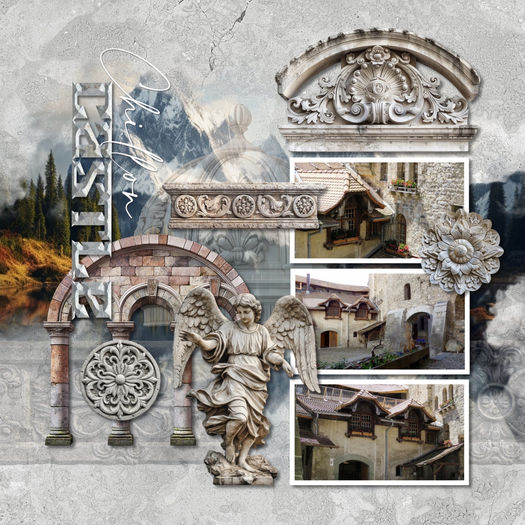 Get ready to travel across Europe with these realistic stone embellishments, papers, and alpha set by Lucky Girl Creative digital art for digital scrapbooking. Great for adding special touches to your vacation and holiday pages as well as other historic sites throughout the world plus family history and historic genealogy pages, too.