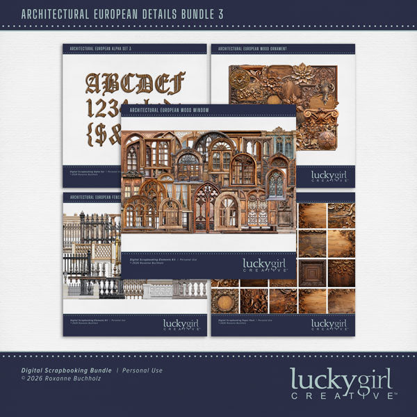 Get ready to travel across Europe with these realistic wood ornaments, windows, fences, papers, and alpha set by Lucky Girl Creative digital art for digital scrapbooking. Great for adding special touches to your vacation and holiday pages as well as other historic sites throughout the world plus family history and historic genealogy pages, too.