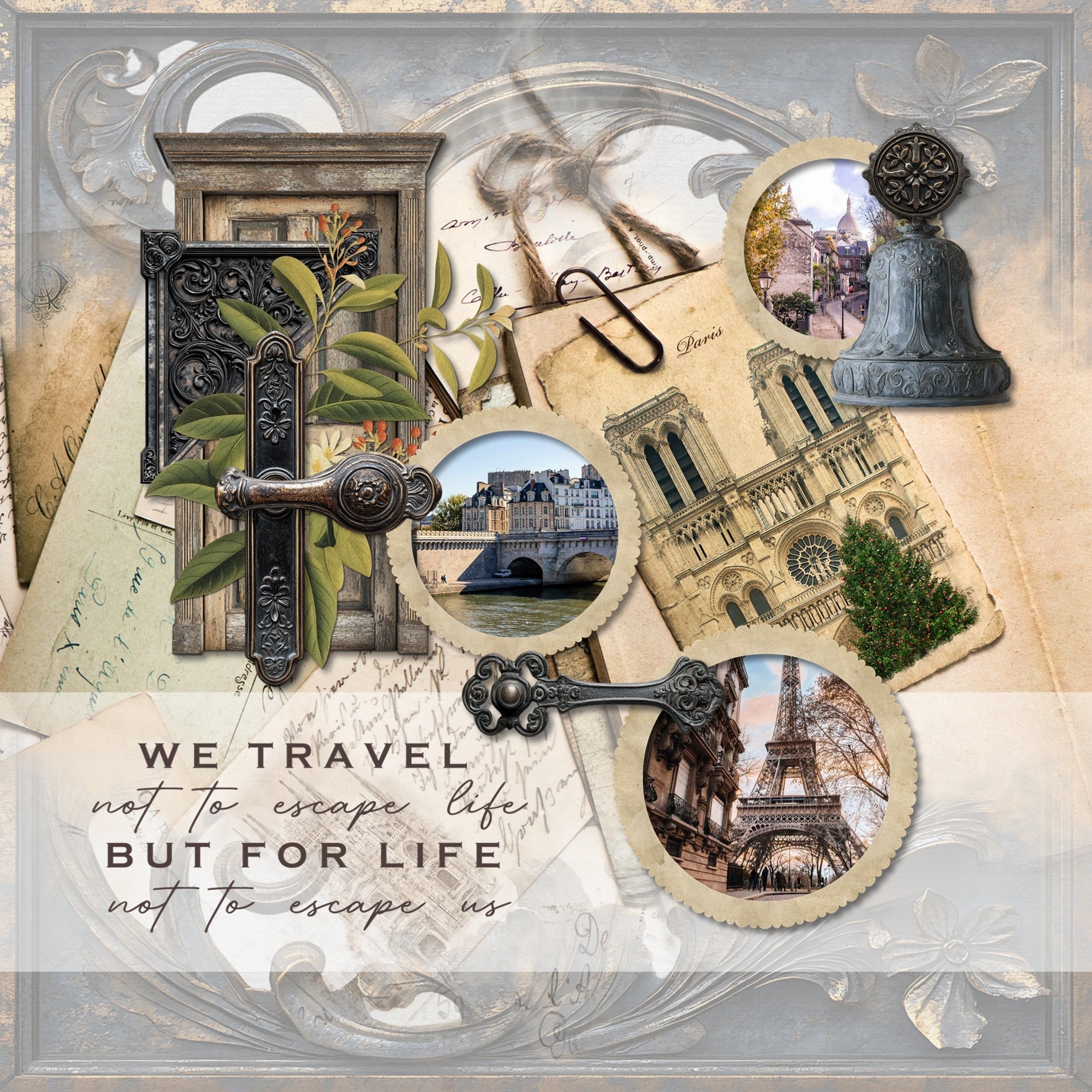 Get ready to travel across Europe with these realistic, vintage embellishments and alpha set by Lucky Girl Creative digital art for digital scrapbooking. Great for adding special touches to your vacation and holiday pages as well as other historic sites throughout the world plus family history and historic genealogy pages, too. Embellishments include metal ornaments, doors, door hardware, and more!