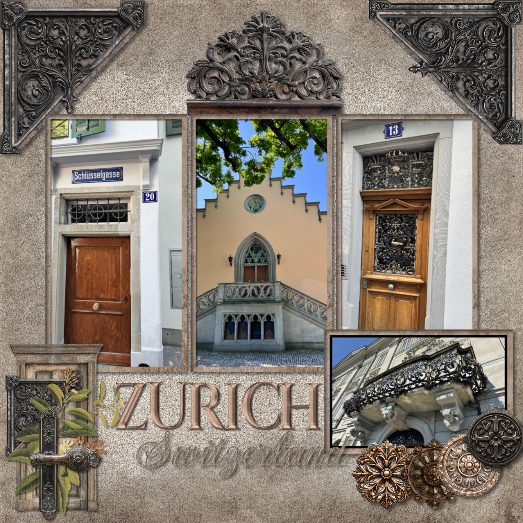 Get ready to travel across Europe with these realistic, vintage embellishments and alpha set by Lucky Girl Creative digital art for digital scrapbooking. Great for adding special touches to your vacation and holiday pages as well as other historic sites throughout the world plus family history and historic genealogy pages, too. Embellishments include metal ornaments, doors, door hardware, and more!