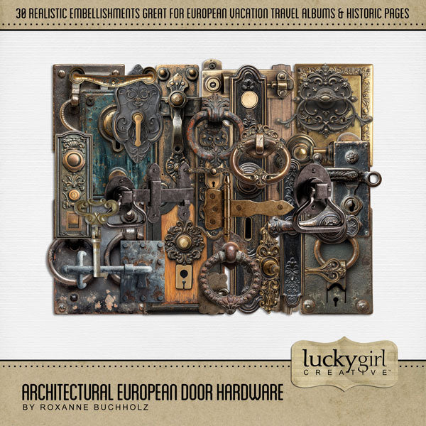 Get ready to travel across Europe with these vintage, realistic door hardware accents by Lucky Girl Creative digital art for digital scrapbooking. Great for adding special touches to your vacation and holiday pages as well as other historic sites throughout the world plus family history and historic genealogy pages, too. Embellishments include hooks, door knobs, hinges, locks, and decorative latches. This kit is included in the Architectural European Bundle 1.