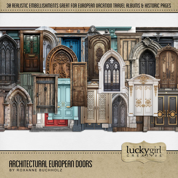 Get ready to travel across Europe with these vintage, realistic doors by Lucky Girl Creative digital art for digital scrapbooking. Great for adding special touches to your vacation and holiday pages as well as other historic sites throughout the world plus family history and historic genealogy pages, too. Embellishments include wooden door, metal doors, gothic doors, ornate doors, and more. This kit is included in the Architectural European Bundle 1.