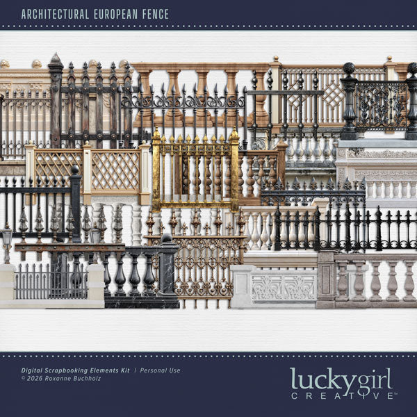 Get ready to travel across Europe with these realistic fence embellishments by Lucky Girl Creative digital art for digital scrapbooking. Great for adding special touches to your vacation and holiday pages as well as other historic sites throughout the world plus family history and historic genealogy pages, too. This kit is included in the Architectural European Details Bundle 3.