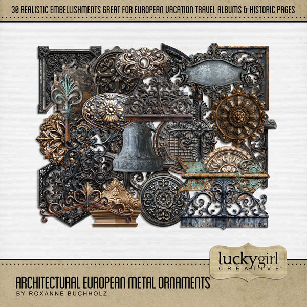 Get ready to travel across Europe with these vintage, realistic decorative ornaments and medallions by Lucky Girl Creative digital art for digital scrapbooking. Great for adding special page titles to your vacation and holiday pages as well as other historic sites throughout the world plus family history and historic genealogy pages, too. Embellishments include metal ornaments, iron pieces, and ornate medallions. This kit is included in the Architectural European Bundle 1.