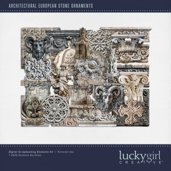 Get ready to travel across Europe with these realistic stone medallions, signs, and statue embellishments by Lucky Girl Creative digital art for digital scrapbooking. Great for adding special touches to your vacation and holiday pages as well as other historic sites throughout the world plus family history and historic genealogy pages, too. This kit is included in the Architectural European Details Bundle 2.