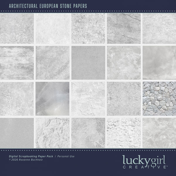 Get ready to travel across Europe with these realistic gray stone papers by Lucky Girl Creative digital art for digital scrapbooking. Great for adding special touches to your vacation and holiday pages as well as other historic sites throughout the world plus family history and historic genealogy pages, too. This kit is included in the Architectural European Details Bundle 2.