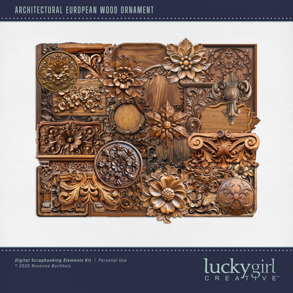 Get ready to travel across Europe with these realistic wood ornament embellishments by Lucky Girl Creative digital art for digital scrapbooking featuring medallions, plaques, signs, and more. Great for adding special touches to your vacation and holiday pages as well as other historic sites throughout the world plus family history and historic genealogy pages, too. This kit is included in the Architectural European Details Bundle 3.