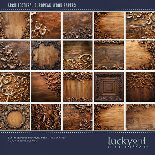 Get ready to travel across Europe with these realistic wood papers by Lucky Girl Creative digital art for digital scrapbooking. Great for adding special touches to your vacation and holiday pages as well as other historic sites throughout the world plus family history and historic genealogy pages, too. This kit is included in the Architectural European Details Bundle 3.
