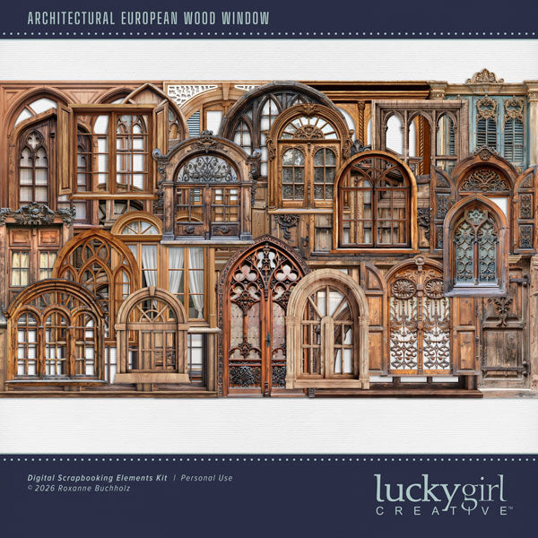 Get ready to travel across Europe with these realistic wood window embellishments by Lucky Girl Creative digital art for digital scrapbooking. Great for adding special touches to your vacation and holiday pages as well as other historic sites throughout the world plus family history and historic genealogy pages, too. This kit is included in the Architectural European Details Bundle 3.