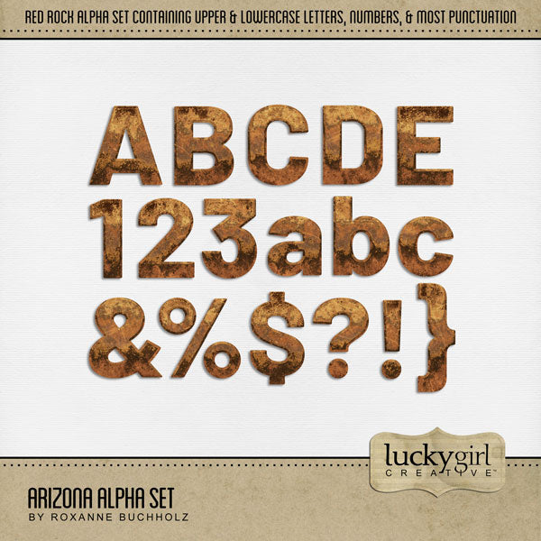 These red rock alphabet and number digital scrapbooking embellishments by Lucky Girl Creative digital art are easy to use for digital scrapbook page titles for vacations to Arizona, the Southwest, Texas, Mexico, parts of Utah, Phoenix, Tucson, Scottsdale, Sedona, Mesa, Flagstaff, Yuma, the desert, and more. The Arizona Alpha Set consists of a full set of digital art uppercase alphabet letters A-Z, lowercase alphabet letters a-z, numbers 0-9, and most punctuation marks.