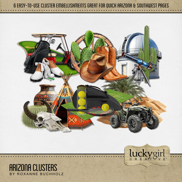 Celebrate Arizona with these beautiful and realistic easy-to-use cluster embellishments by Lucky Girl Creative digital art. Simply drop on your page and go! Great for vacations to Arizona, the Southwest, Texas, Mexico, parts of Utah, Phoenix, Tucson, Scottsdale, Sedona, Mesa, Flagstaff, Yuma, the desert, and more. Digital scrapbooking embellishments include cactus, cowboy hat, cowboy boot, teepee, pottery, skull, golf, tennis, observatory, all terrain vehicle, quad, sand dunes, and palm tree.