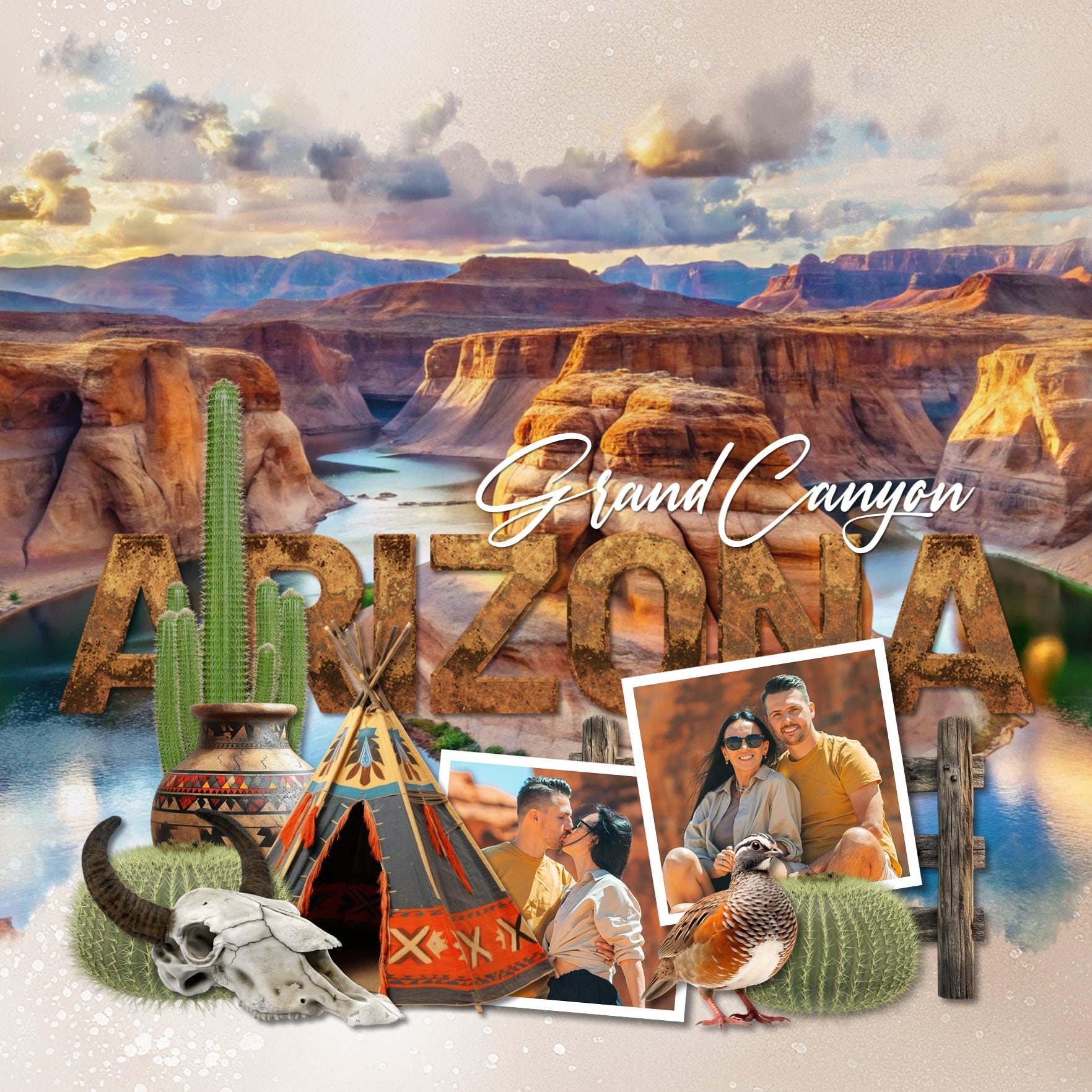 Celebrate Arizona with these beautiful realistic western embellishments, clusters, masked scenic overlays, engraved stamps, and red rock alpha set by Lucky Girl Creative digital art. Great for travel and vacations to Arizona, the Southwest, Texas, Mexico, parts of Utah, Phoenix, Tucson, Scottsdale, Sedona, Mesa, Flagstaff, Yuma, the desert, and more. Embellishments include all terrain vehicle, quad, Jeep, hawk, bird, hummingbird, quail, roadrunner, buzzard, vulture, coyote, donkey, burro.