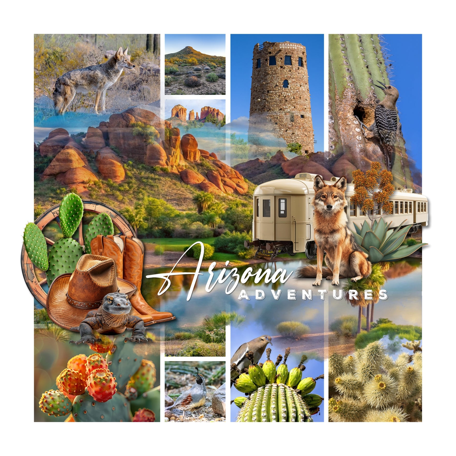 Celebrate Arizona with these beautiful realistic western embellishments, clusters, masked scenic overlays, engraved stamps, and red rock alpha set by Lucky Girl Creative digital art. Great for travel and vacations to Arizona, the Southwest, Texas, Mexico, parts of Utah, Phoenix, Tucson, Scottsdale, Sedona, Mesa, Flagstaff, Yuma, the desert, and more. Embellishments include all terrain vehicle, quad, Jeep, hawk, bird, hummingbird, quail, roadrunner, buzzard, vulture, coyote, donkey, burro.
