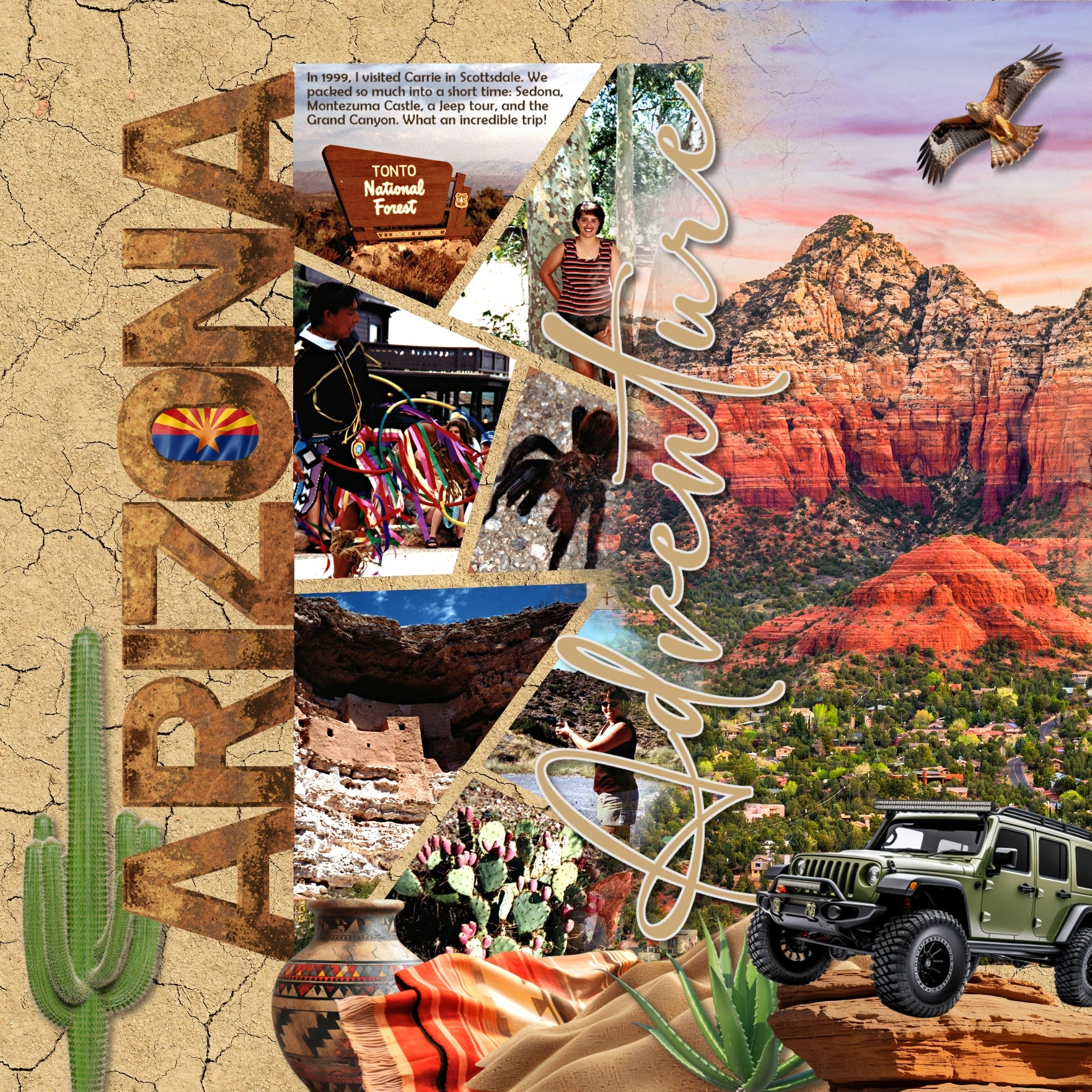 Celebrate Arizona with these beautiful realistic western embellishments, clusters, masked scenic overlays, engraved stamps, and red rock alpha set by Lucky Girl Creative digital art. Great for travel and vacations to Arizona, the Southwest, Texas, Mexico, parts of Utah, Phoenix, Tucson, Scottsdale, Sedona, Mesa, Flagstaff, Yuma, the desert, and more. Embellishments include all terrain vehicle, quad, Jeep, hawk, bird, hummingbird, quail, roadrunner, buzzard, vulture, coyote, donkey, burro.
