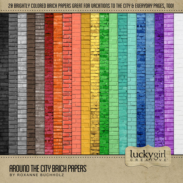 Adventure and explore the urban city with this brightly colored brick paper pack by Lucky Girl Creative digital art. Perfect for documenting your city vacation, weekend holiday, night out on the town plus every day, too.