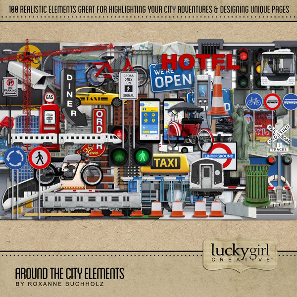Adventure and explore the urban city with this brightly colored embellishments only digital art kit by Lucky Girl Creative. Perfect for documenting your city vacation, weekend holiday, night out on the town, plus every day, too. Embellishments include ATM cash machine, intercity basketball court, bike rack, billboard sign, bridge, bus stop, city bus, city map, city traffic, construction crane, and more.