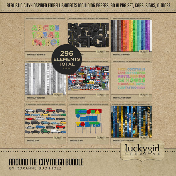 Adventure and explore through the urban city with this all-inclusive Around the City Mega Bundle by Lucky Girl Creative digital art. Perfect for documenting your city vacation or weekend holiday with lots of realistic embellishments, brick and grunge papers, cars, automobiles, city street signs, city streets and highways, neon letters alpha set and word art, plus so much more! 