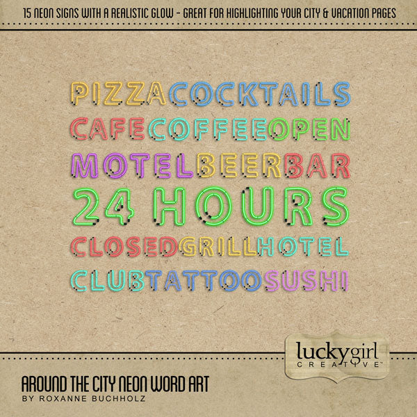 Adventure and explore the urban city with this digital neon word art kit by Lucky Girl Creative digital art. Perfect for documenting your city vacation, weekend holiday, or night out on the town. Words include pizza, cocktails, cafe, coffee, open, closed, motel, hotel, beer, bar, 24 hours, grill, club, tattoo, and sushi.