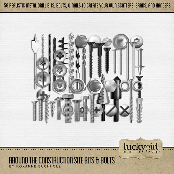 The Around the Construction Site Bits & Bolts Digital Art Kit by Lucky Girl Creative is great for documenting life around the construction zone, home renovation projects, and contractors. Also works for DIY, carpenters, plumbers, construction workers, and more!