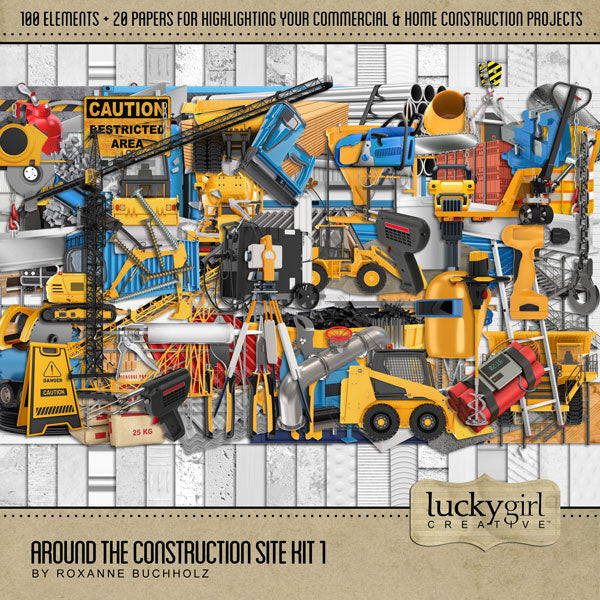 The Around the Construction Site 1 Digital Art Kit by Lucky Girl Creative is great for documenting life around the construction zone, home renovation projects, contractors, architects, plumbers, carpenters, and tradesmen. Embellishments include heavy machinery, crane, tape measure, soldering iron, surveyor equipment, dynamite, screws, gas can, cement mixer, chainsaw, jackhammer, drills, saw, cement, nail gun, lumber, pipes, caulking gun, welding equipment, staircase, bricks, and cargo container. 