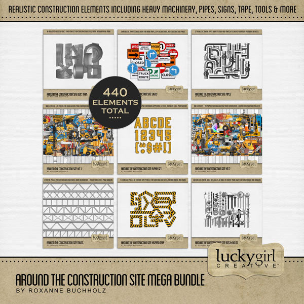The Around the Construction Site Mega Bundle by Lucky Girl Creative digital art explores life around the construction zone, home renovation projects, and heavy machine equipment. Great for road trips, Touch A Truck events, plumbers, electricians, architects, roofers, and other trades!