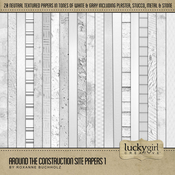 The Around the Construction Site Papers 1 Digital Art Kit by Lucky Girl Creative is great for documenting life around the construction zone and home renovation projects, and contractors. Neutral enough for every day, these white and light gray digital papers will add just the right touch of interest and texture to your pages.