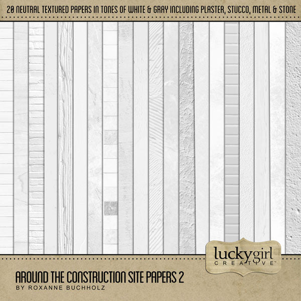The Around the Construction Site Papers 2 Digital Art Kit by Lucky Girl Creative is great for documenting life around the construction zone and home renovation projects, and contractors. Neutral enough for every day, these white and light gray digital papers will add just the right touch of interest and texture to your pages.