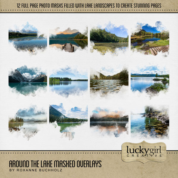 No matter what water sport you love or what lake you like to explore, these realistic transparent lake overlays by Lucky Girl Creative digital art will add a unique touch to all your digital scrapbooking pages. With transparent edges, these masked photographs blend seamlessly into any background paper and make the perfect backdrop for all travel, vacation, and outdoor and nature pages. Each embellishment is 12" x 12." 