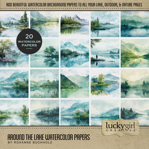 No matter what water sport you love or what lake you like to explore, these beautiful watercolor papers by Lucky Girl Creative digital art will add a unique touch to all your digital scrapbooking page backgrounds. Great for outdoors and nature, too! The Around the Lake Watercolor Papers is included in the Around the Lake Mega Bundle.