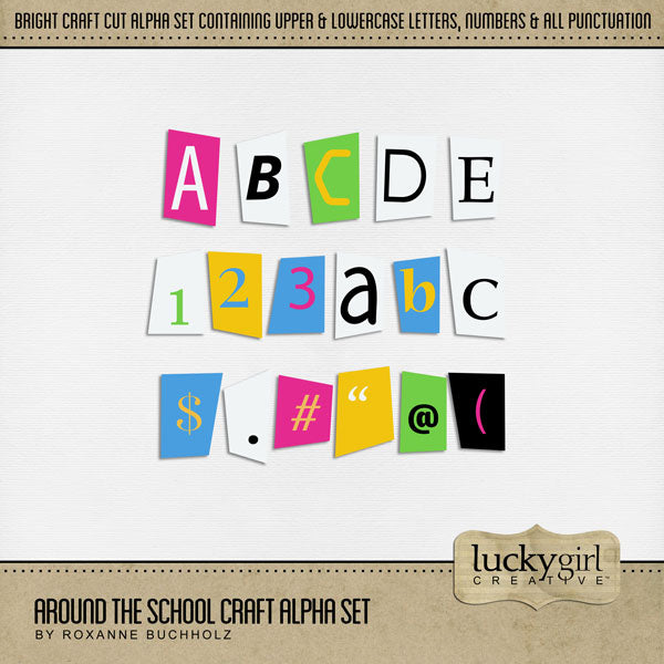 Have fun documenting your arts and crafts projects with this crafty set of digital art alphabet letters, numbers, and punctuation by Lucky Girl Creative! Each embellishment looks like it has been cut out of craft paper or a magazine. Great for school digital pages and album titles!