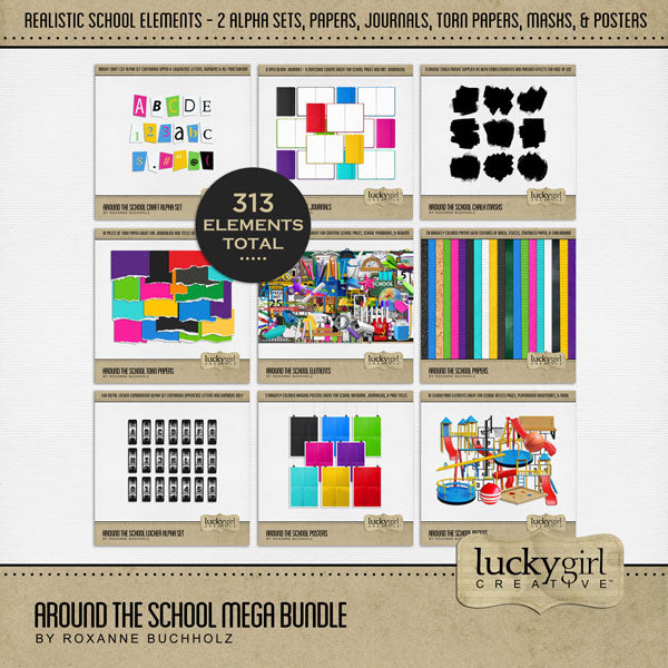 Save all your school memories with this fun digital art bundle by Lucky Girl Creative featuring realistic embellishments and brightly colored papers. Great for creating back-to-school and homeschool pages plus school yearbooks and albums for students and teachers in preschool, kindergarten, elementary and primary school, middle school, junior high, high school, and beyond.