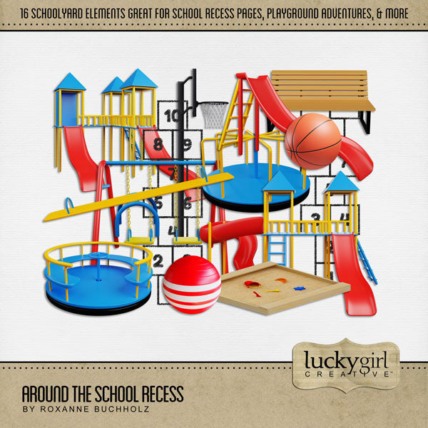 Showcase your playground fun with this cute set of digital art recess embellishments by Lucky Girl Creative. Use for school projects as well as outings to the local park. Great for creating back-to-school and homeschool pages plus school yearbooks and albums for students and teachers in preschool, kindergarten, elementary, and primary school.