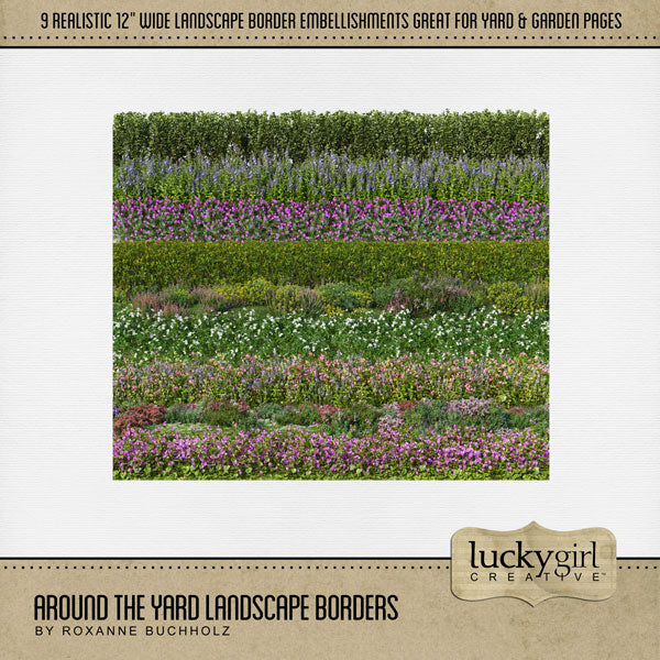 If you love playing in the backyard, mowing the lawn, gardening, or enjoying the outdoors and nature, then this digital scrapbooking borders kit by Lucky Girl Creative digital art is what you are looking for. Embellishments include hedges, flower borders, wildflowers, shrubs, bushes, and more.