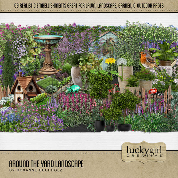 If you love playing in the backyard, mowing the lawn, landscaping, gardening, or enjoying the outdoors and nature, then this digital scrapbooking landscape elements kit by Lucky Girl Creative digital art is what you are looking for. Embellishments include hedges, flower borders, wildflowers, shrubs, bushes, flowers, potted plants, dandelion, bird, birdhouse, raised bed garden, fence, trellis, she shed, storage shed, bugs, insects, and more.