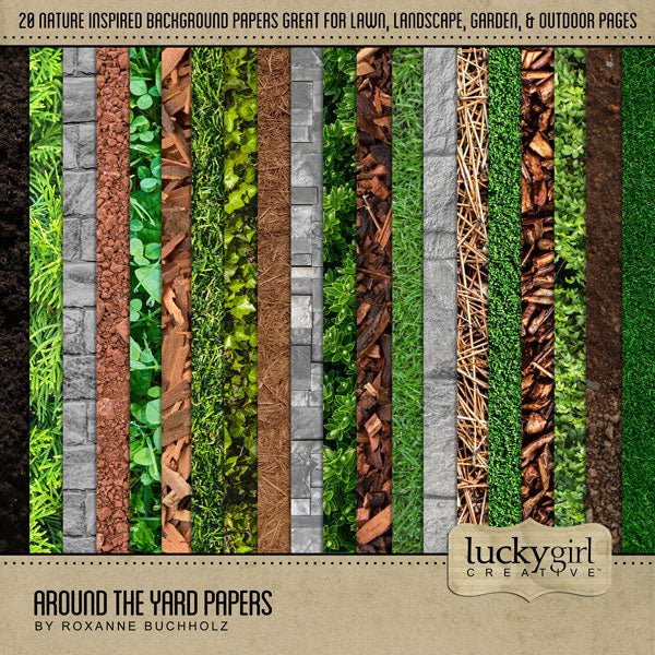 If you love playing in the backyard, mowing the lawn, landscaping, gardening, or enjoying the outdoors and nature, then this digital scrapbooking paper pack by Lucky Girl Creative digital art is what you are looking for. Papers include grass, shrubs, plants, bark, mulch, ivy, pine needles, pavers, clover, dirt, earth, and more.