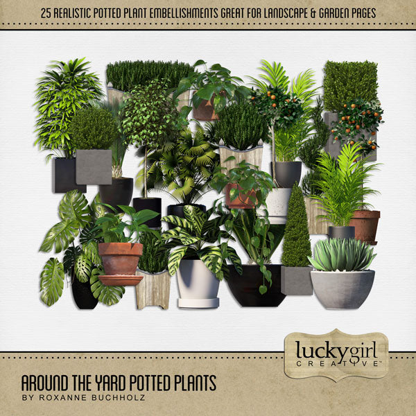 If you love playing in the backyard, mowing the lawn, landscaping, gardening, or enjoying the outdoors and nature, then this digital scrapbooking elements kit by Lucky Girl Creative digital art is what you are looking for. Includes a wide variety of potted plants for indoor or outdoor use.